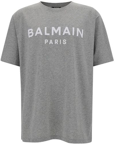 Balmain T-Shirt Girocollo Con Stampa Logo Frontale - Grigio