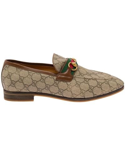 Gucci 'paride' Loafers With Horsebit And Web Detail In gg Supreme Canvas - Brown