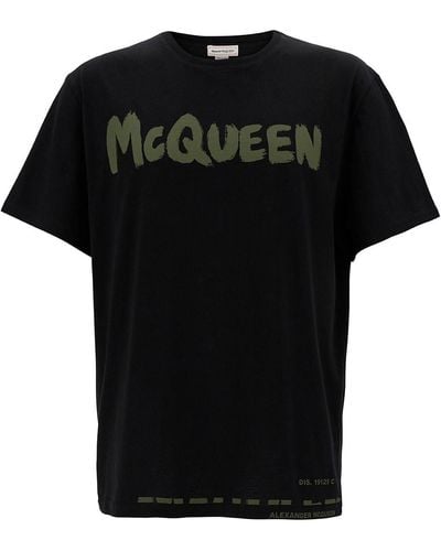 Alexander McQueen Black Graffiti Logo Crewneck T-shirt In Jersey