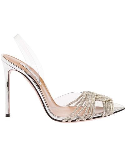 Aquazzura 'gatsby Sling' Silver Pumps With Crystals Knot Detail In Clear Pvc Woman - Metallic
