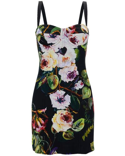 Dolce & Gabbana Mini Multicolor Bustier Dress With Rose Garden Print In Viscose Woman - Black