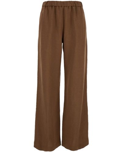 Plain Trousers With Elastic Waistband - Brown
