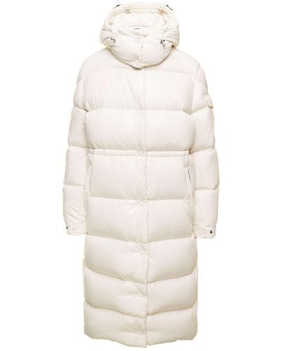 Moncler Cavettaz Long Down Jacket In Padded And Quilted Nylon Laqué With Hood Woman - White