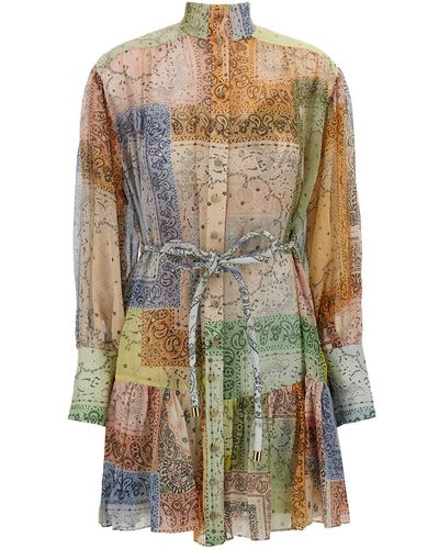 Zimmermann Mini Multicolor Patchwork Dress With Belt In Cotton And Silk Woman