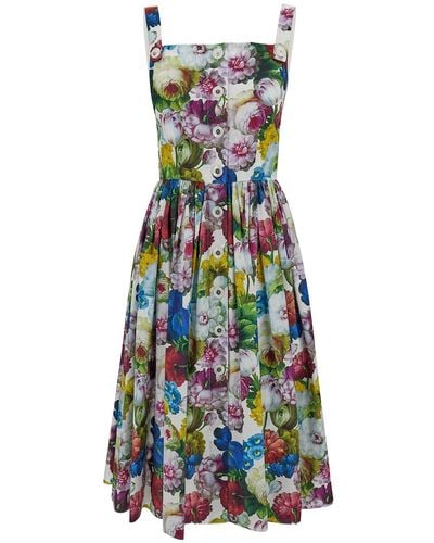 Dolce & Gabbana Midi Multicolor Dress With All-over Floreal Print And Flared Skirt In Cotton Woman - White