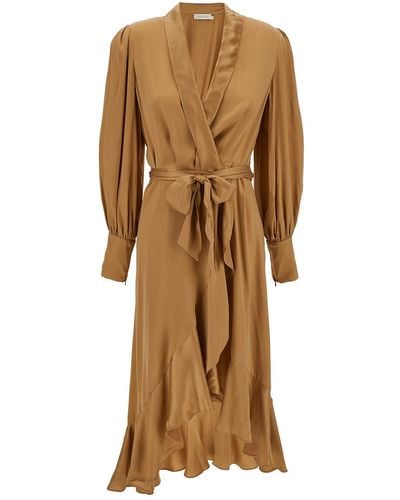 Zimmermann Midi Asymmetric Beige Dress With Belt In Silk Woman - Natural
