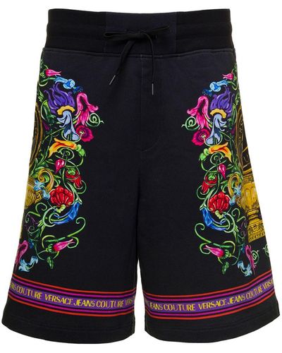 Versace Jeans Couture Black Shorts With Floreal And Logo Lettering Print In Cotton - Blue