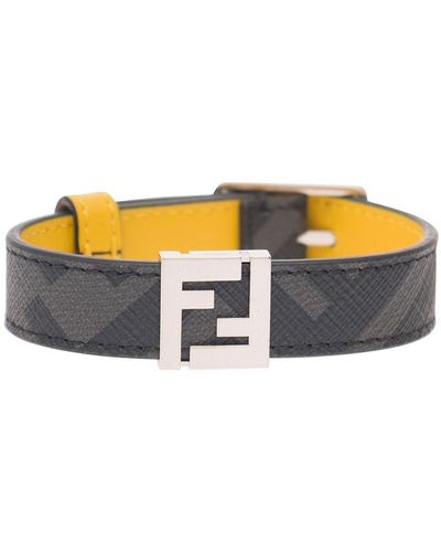 Fendi Gray Reversible Bracelet With Ff Logo Charm In Calf Leather - Blue