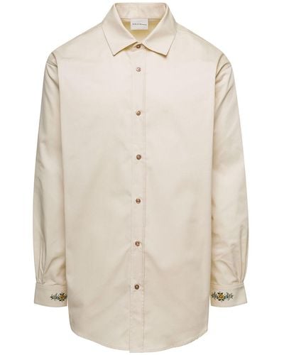 Drole de Monsieur Shirt With Drôle Fleurie Embroidery On Cuffs And Back In Cotton - Natural