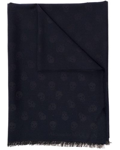 Alexander McQueen Skull E And Black Wool And Silk Scarf Man - Blue