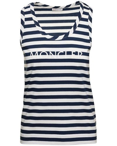 Moncler And Sleeveless Striped Top With Logo Lettering - Blue