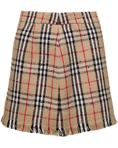 Burberry 'Catia' Mini Skirt With Fringed Hem And All-Over Vintag - Natural