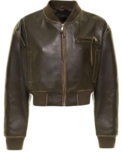 Arma Cropped Jacket With Bomber Collar In Leather Woman - Green