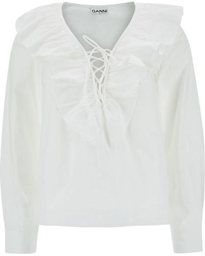 Ganni Blosue With Lace-Up Closure And Ruffles - White