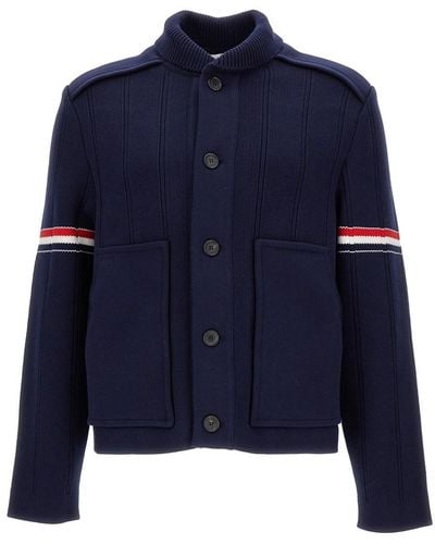 Thom Browne Dark Knitted Jacket With Tricolor Details - Blue