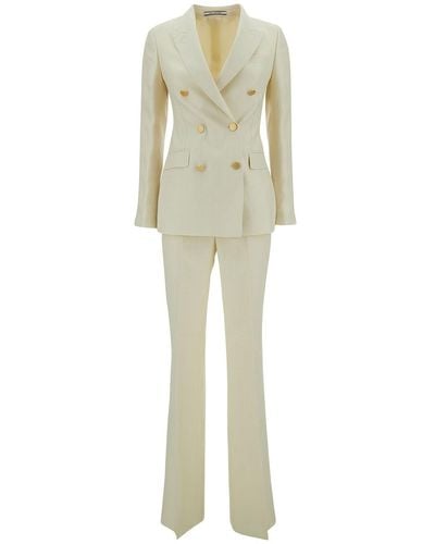 Tagliatore Beige Double-breasted Suit With Golden Buttons In Linen Woman - Natural