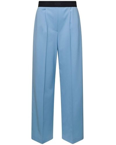 MSGM Pantaloni Gamba Larga Con Vita Elasticizzata Con Logo Azzurri In - Blu