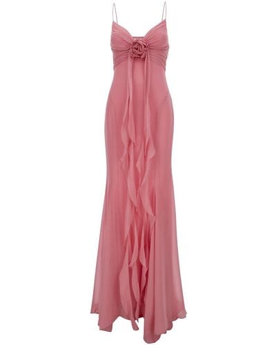 Blumarine Draped Maxi Dress With Rose Applique - Pink