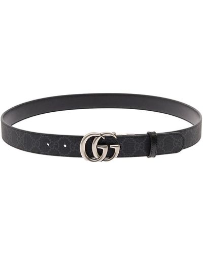 Gucci gg Marmont Reversible Thin Belt In Leather And Canvas Man - Black