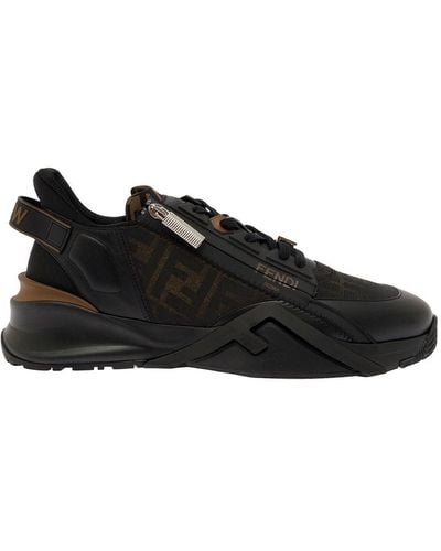 Fendi ' Flow' Low Top Trainers With Diagonal F Detail In Leather - Black