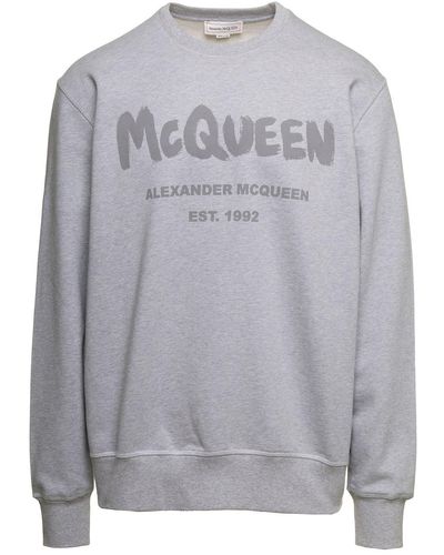 Alexander McQueen Weatshirt With Contrasting Graffiti Logo Print In Cotton - Gray