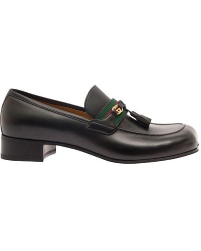 Gucci 624720 1066 Shoes Calf-skin Leather With Web And Interlocking G Tassels Loafers (GGM1721) - Black
