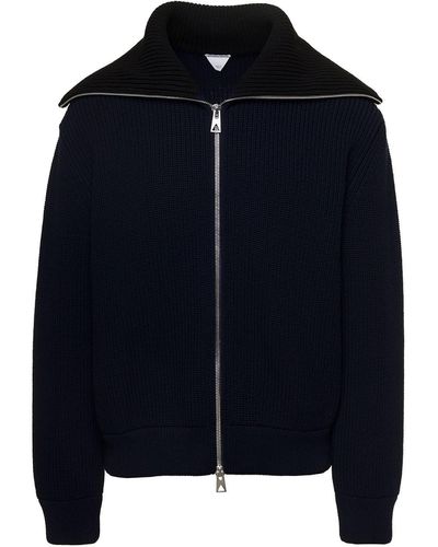 Bottega Veneta And Zip-Up Knit Jumper With Wide Collar In - Blue