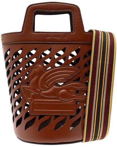 Etro Brown Bucket Bag With Multicolor Shoulder Strap And Pegasus Detail In Perforated Leather Woman