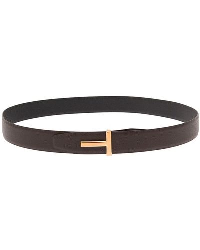 Tom Ford Brown/black Reversible Belt With T Logo Buckle In Smooth Leather Man - White