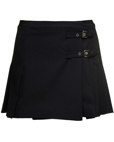 Alessandra Rich Black Mini Skirt With Side Bukle Detail With Loop In Wool Blend Woman