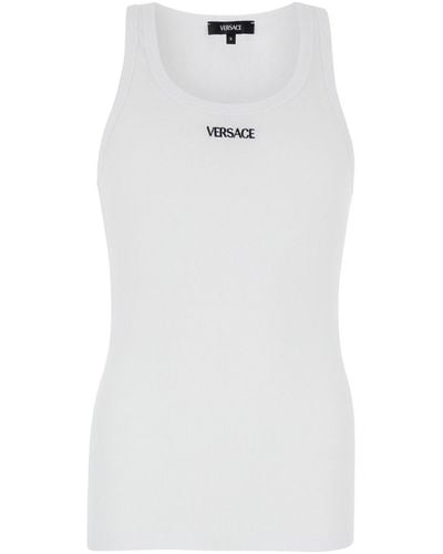 Versace Top Smanicato Con Logo Lettering A Contrasto - Bianco