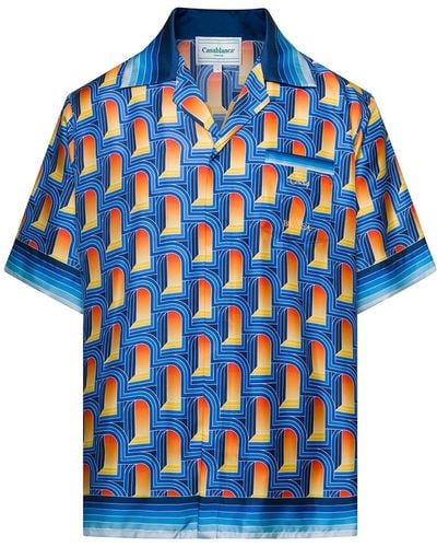 Casablancabrand Multicolour Bowling Shirt With All-over Arche De Nuit Print In Silk Man - Blue