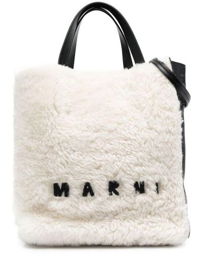 Marni Shopper tote museo in lana bianca e nera con logo - Bianco