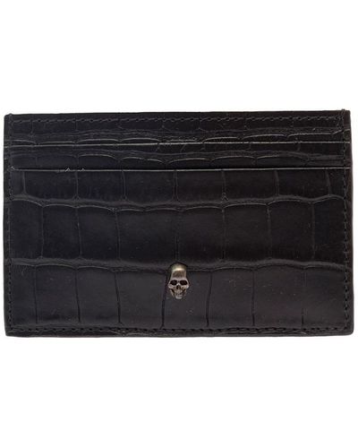 Alexander McQueen Black Card-holder With Mini Skull Patch In Croco Embossed Leather