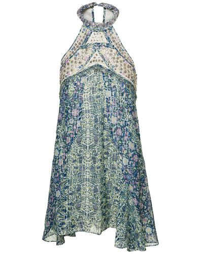 Isabel Marant Mini Dress Wth Halterneck And Paillettes In Silk And Lurex - Blue