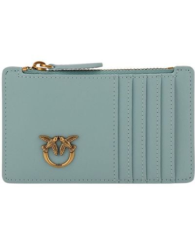 Pinko Airone Light Blue Card-holder With Logo Patch In Leather - Green