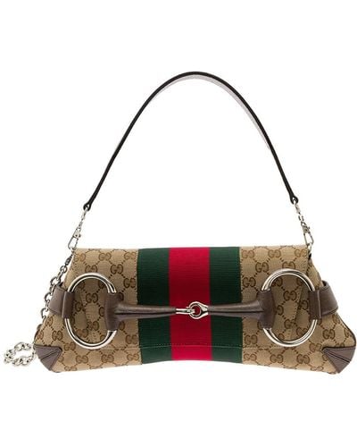 Gucci 'Horsebit' Shoulder Bag With Web Stripe - Natural
