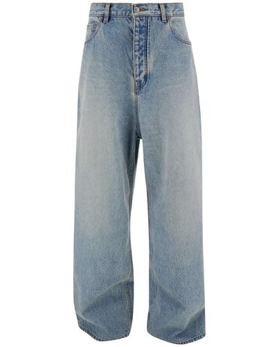 Balenciaga Jeans A Vita Alta Baggy Con Patch Logo - Blu