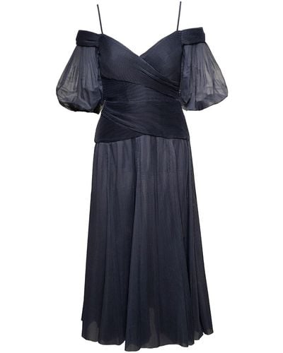 Zimmermann Black Off-shoulder Pleated Midi Dress In Black Chiffon Woman - Blue
