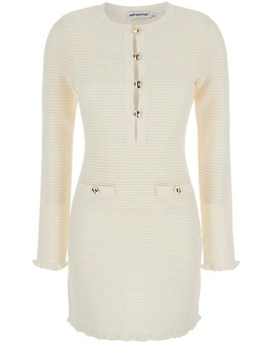 Self-Portrait Mini Knit Dress With Buttons - White