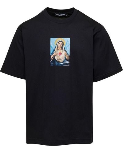 Dolce & Gabbana T Shirt Con Stampa E Strass - Nero