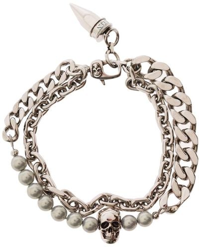 Alexander McQueen Antique Pearl And Skull Stud Bracelet - Metallic