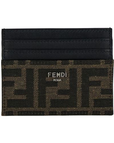 Fendi Brown Card-holder With Metal Lettering In Leather And Ff Canvas - Black