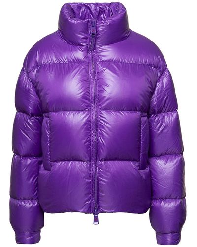 AFTER LABEL Purple Down Jacket With High Neck And Logo Patch In Polyamide