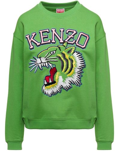 KENZO Crewneck Sweatshirt With Tiger Print In Cotton - Green