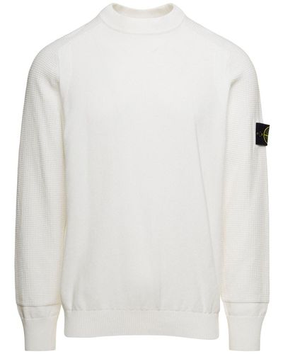 Stone Island Crew Neck Sweater With Logo Application On Sleeve I - White