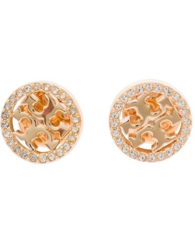 Tory Burch Gold Earrings With Logo Detail And Rhinestone In Brass - White