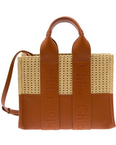 Chloé 'Woody Small' Tote Bag With Logo Embroidery - Brown