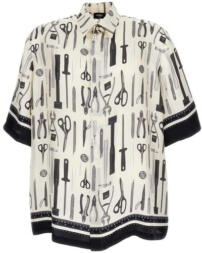 Fendi Bowling Shirt With All-Over Tools Print - White