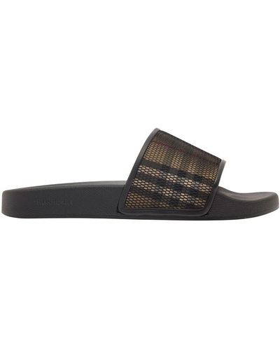 Burberry Brown Slides With Vintage Check Motif In Cotton Blend - Natural